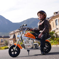 HappyRun Pulse 11 kids electric motorcycle ages 5-12: 180W hub motor, twist throttle, 3 speed levels to 10 mph, steel frame, pneumatic fat tires, LED headlight