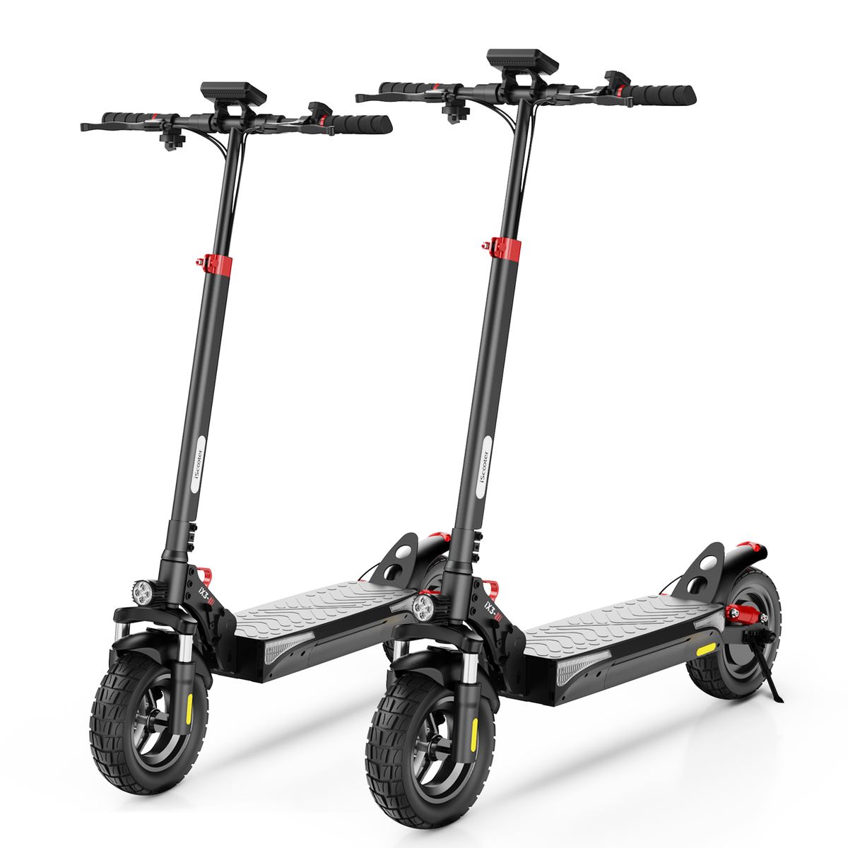 iScooter iX3 800W budget off-road folding electric scooter: 48V peak 800W brushless rear motor, 24 mph, 720Wh battery, 10-inch off-road pneumatic tires, dual disc + E-ABS, dual suspension, turn signal indicator, 52.2 lb folded, IPX4