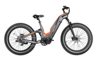 Tangerine and gray Heybike Hero carbon-fiber full-suspension electric mountain bike with the step-thru frame option, 26 by 4 inch fat tires, mid-drive motor at the bottom bracket, brown saddle, hydraulic disc brakes, and Shimano 9-speed rear derailleur, shown in studio side profile