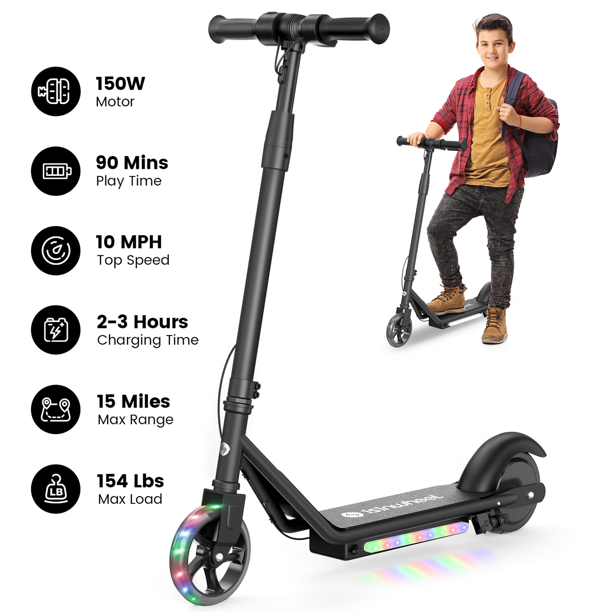 Black isinwheel S2 kids scooter with 150W motor, 10 mph speed, and 15-mile range claims