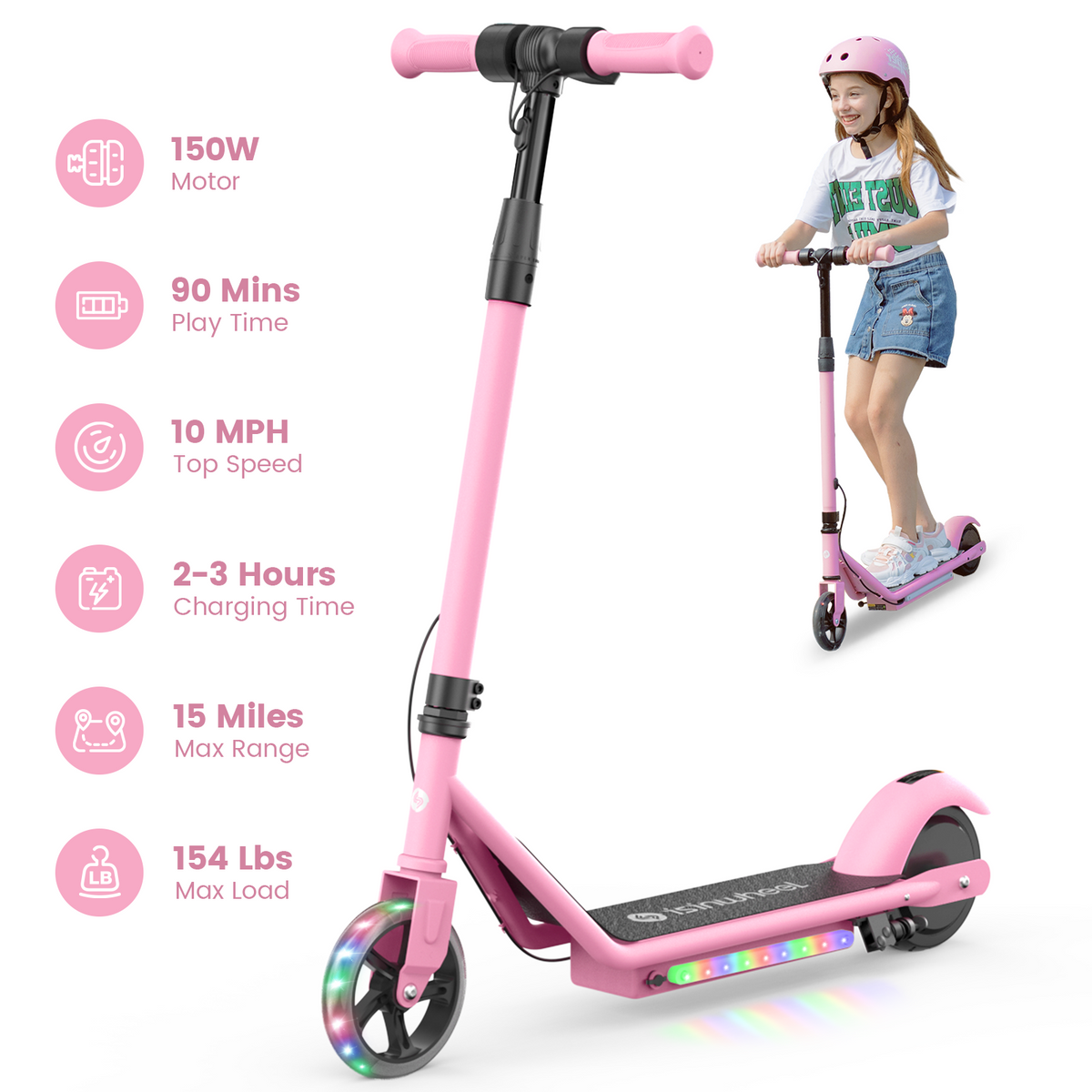 Pink isinwheel S2 kids scooter with rider and published specifications