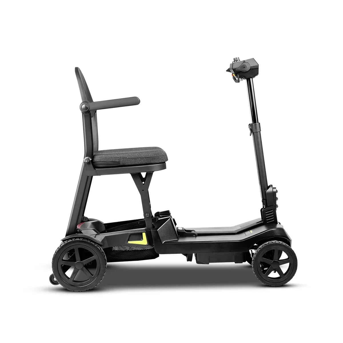 ScootNGo Lite black folding mobility scooter, right side view with yellow trim