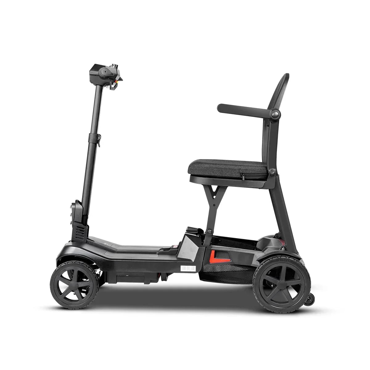 ScootNGo Lite black folding mobility scooter, left side view with red rear reflector