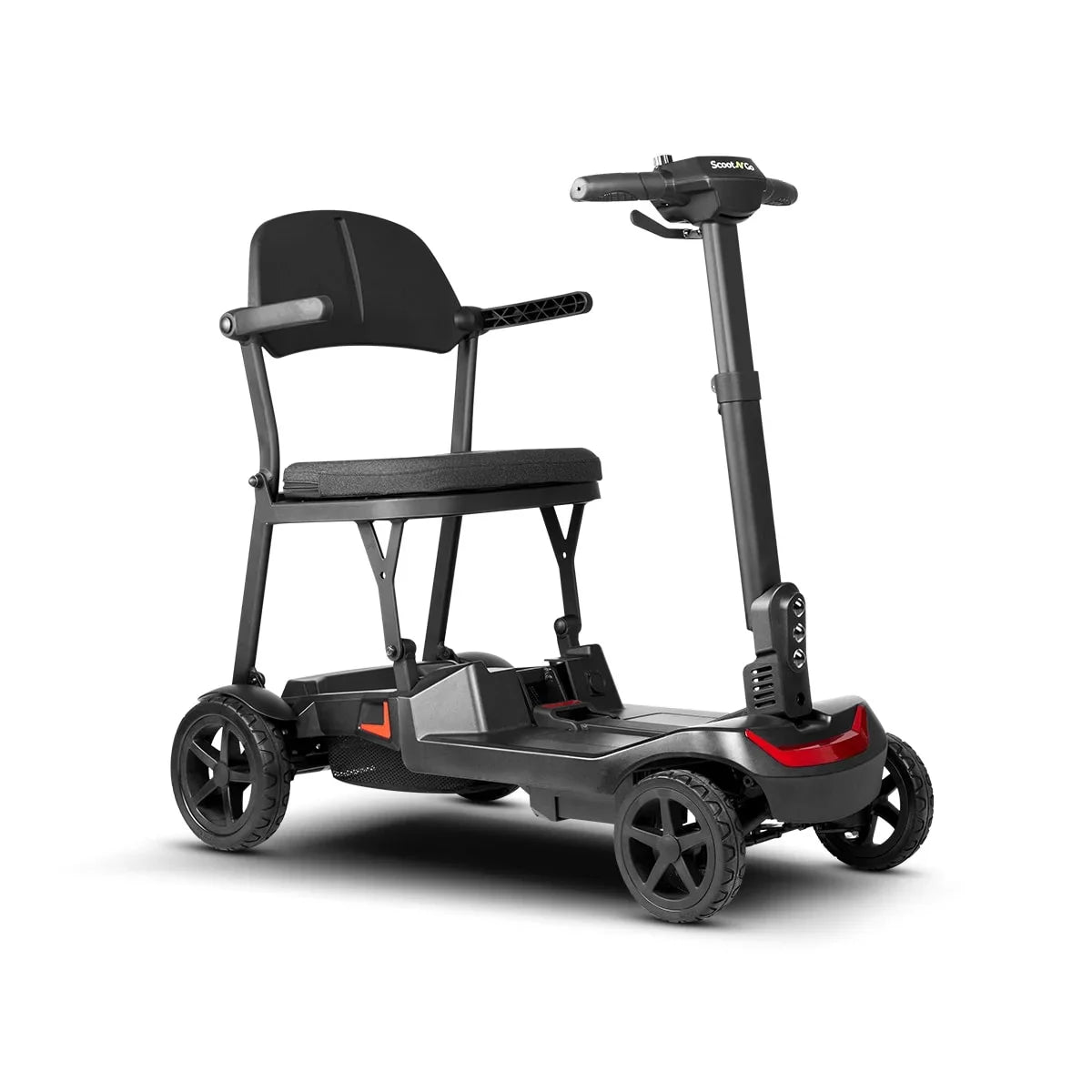 ScootNGo Lite black-and-red four-wheel mobility scooter, front three-quarter view