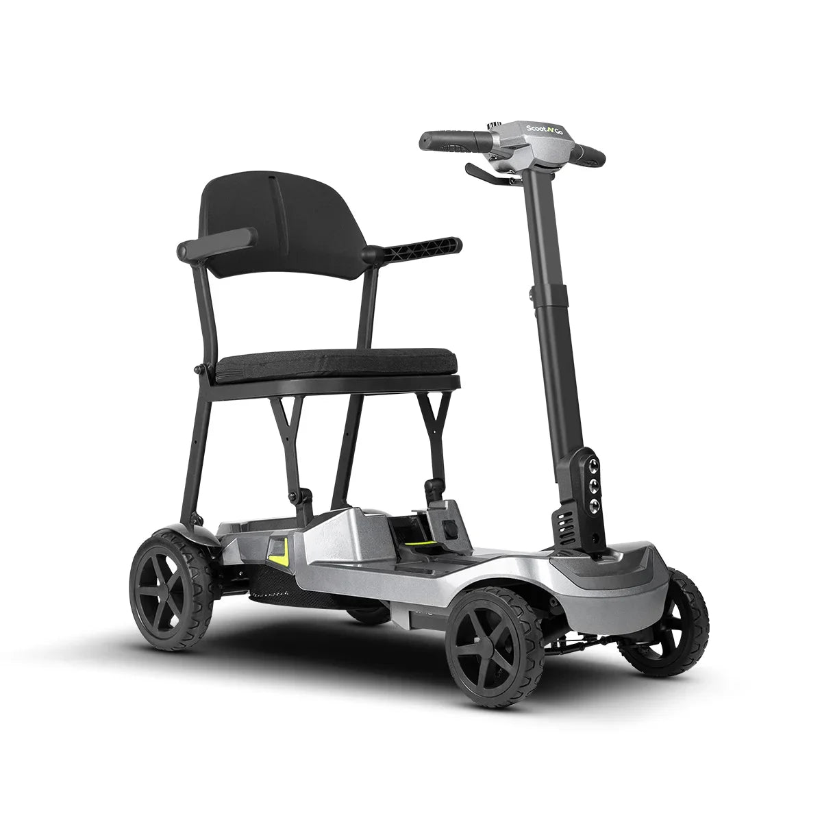 ScootNGo Lite silver-grey four-wheel folding mobility scooter, front three-quarter view