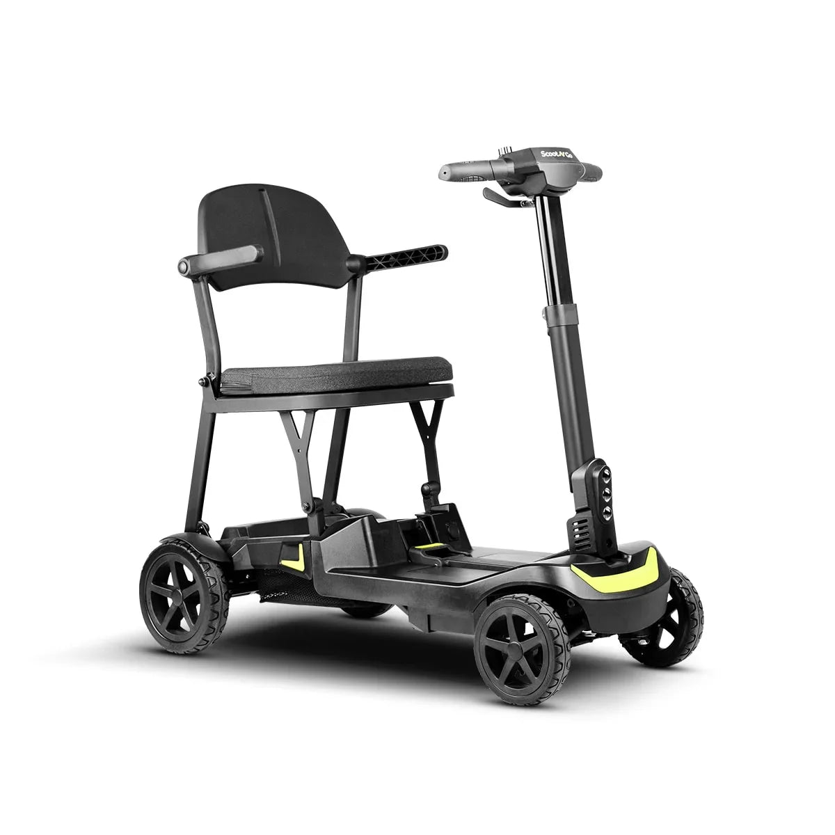 ScootNGo Lite black mobility scooter, front three-quarter view with yellow trim