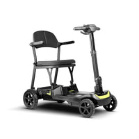 ScootNGo Lite black mobility scooter, front three-quarter view with yellow trim