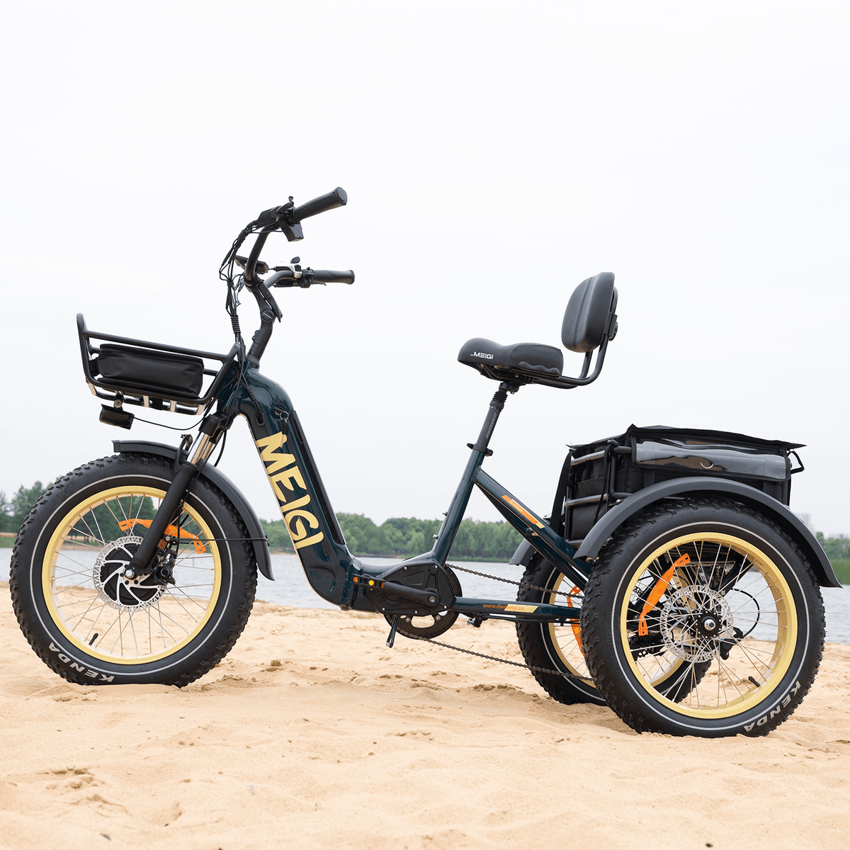 Blue MG2301 SILVERADO-HD electric trike parked on sand beside water