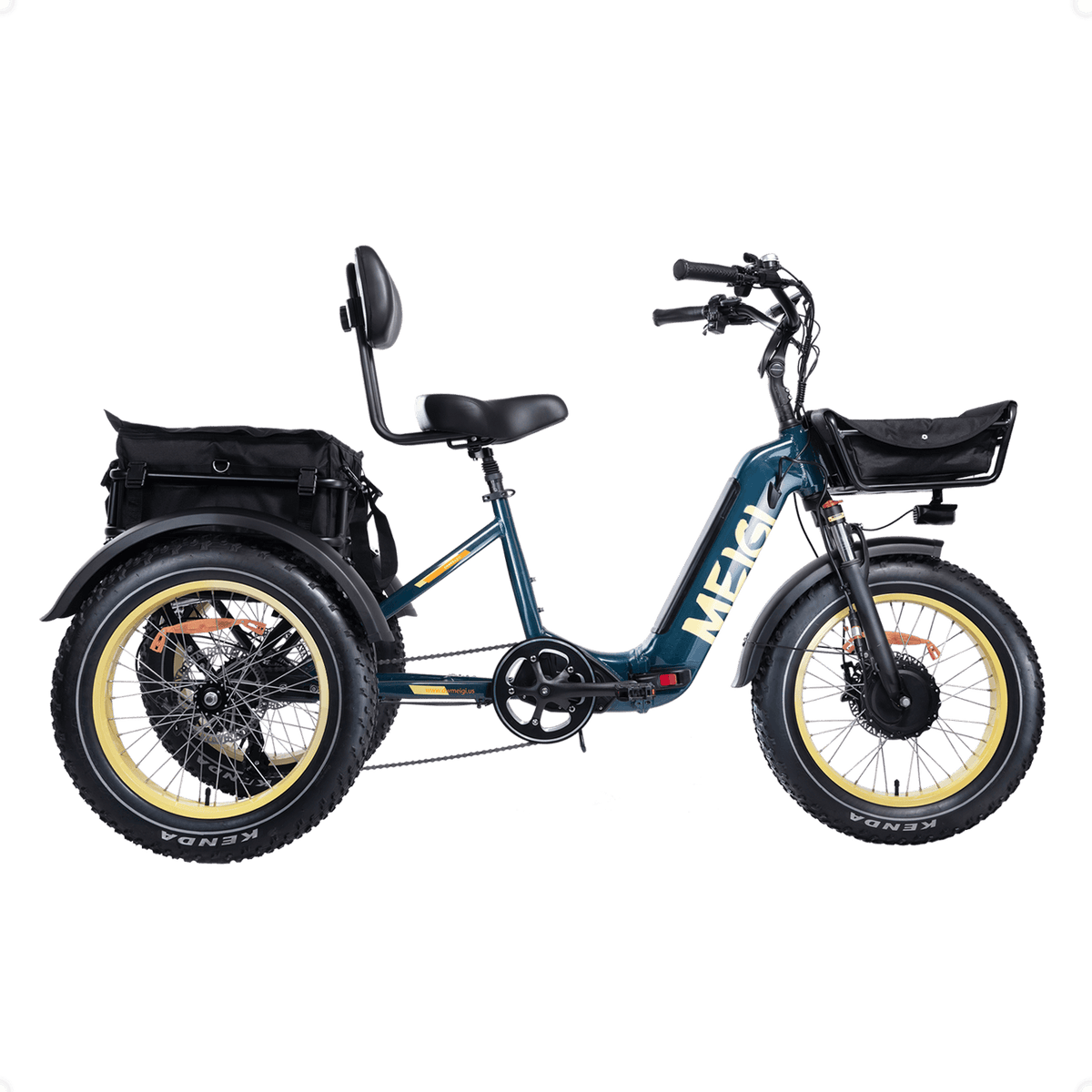 Blue DWMEIGI MG2301 SILVERADO-HD fat-tire electric trike, right-side studio profile