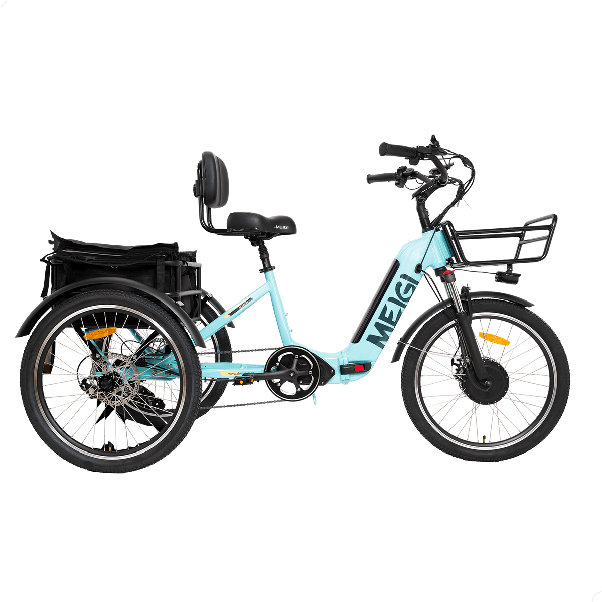 Blue DWMEIGI MG2302-SILVERADO electric tricycle, left-side studio profile