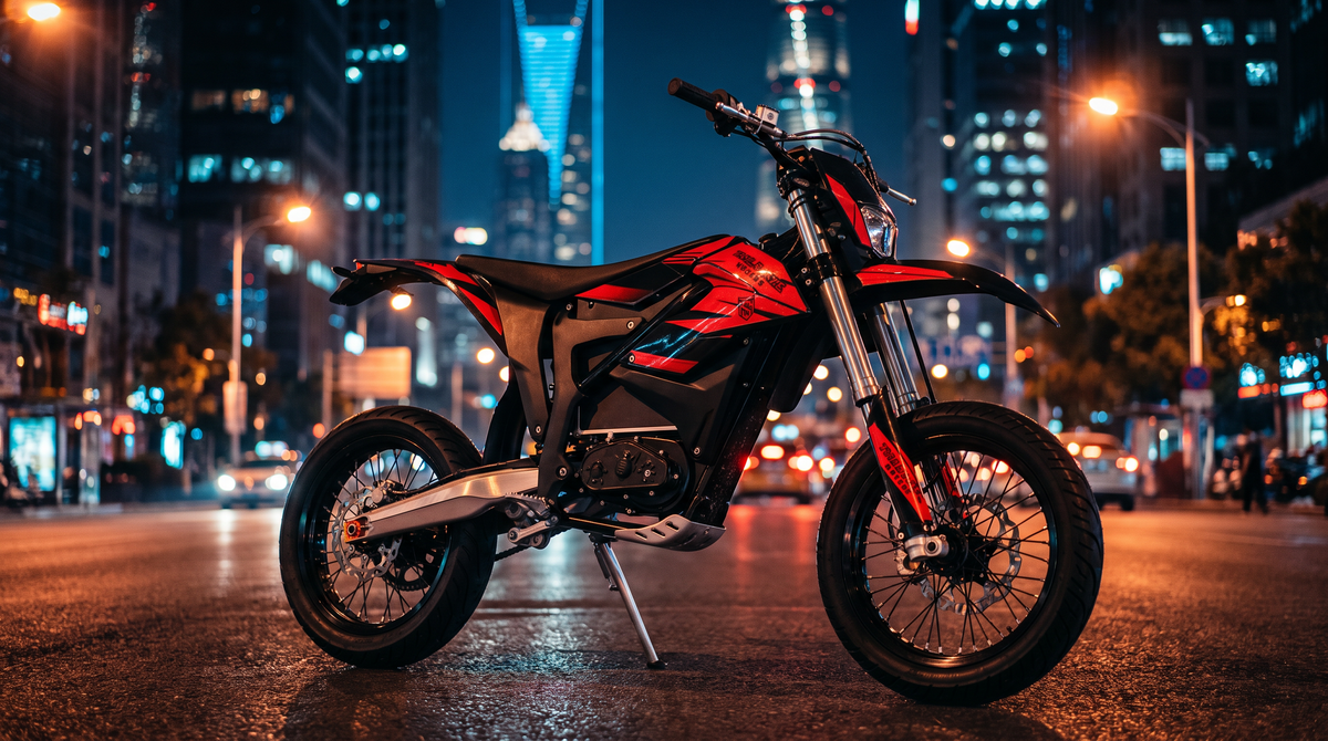 Trailblaze Motors Omega SM in red graphics on a city street at night