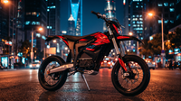 Trailblaze Motors Omega SM in red graphics on a city street at night
