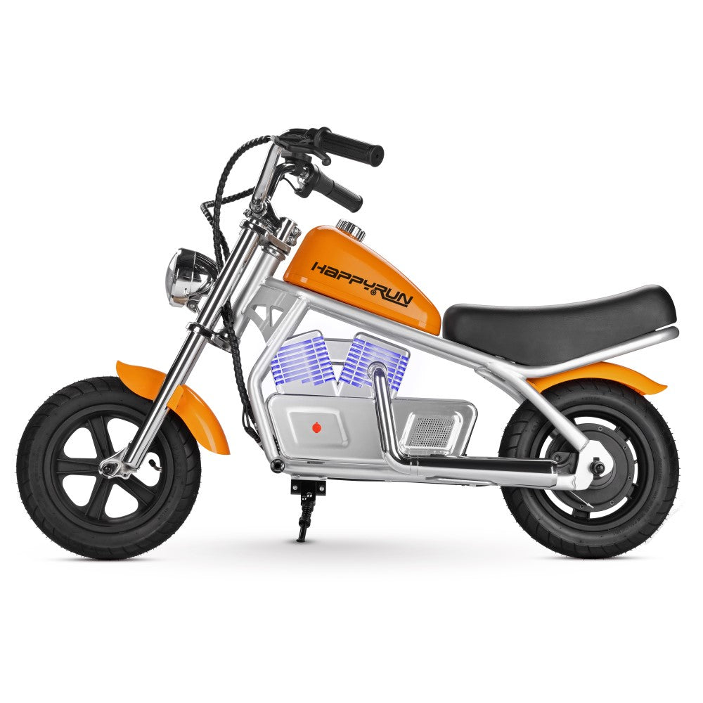 HappyRun Pulse 11 kids electric motorcycle ages 5-12: 180W hub motor, twist throttle, 3 speed levels to 10 mph, steel frame, pneumatic fat tires, LED headlight