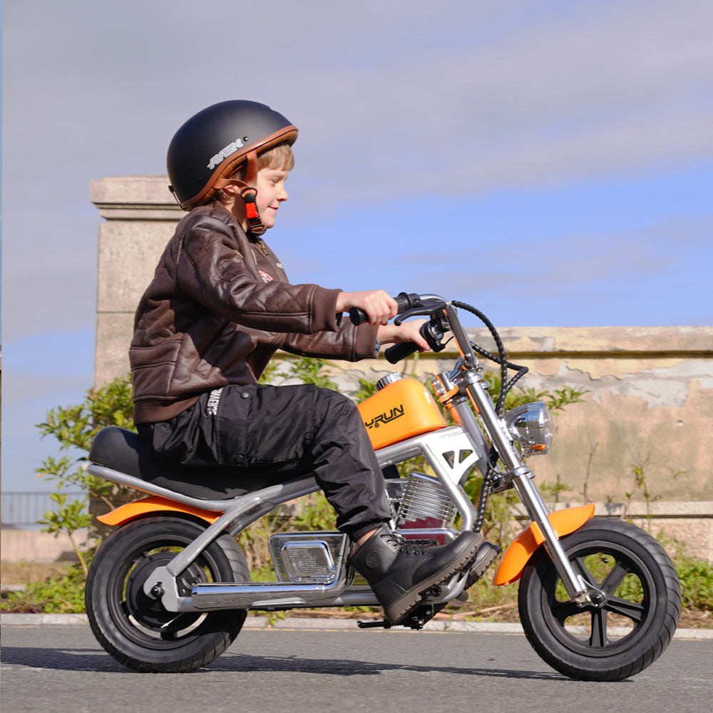HappyRun Pulse 11 kids electric motorcycle ages 5-12: 180W hub motor, twist throttle, 3 speed levels to 10 mph, steel frame, pneumatic fat tires, LED headlight