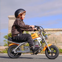 HappyRun Pulse 11 kids electric motorcycle ages 5-12: 180W hub motor, twist throttle, 3 speed levels to 10 mph, steel frame, pneumatic fat tires, LED headlight