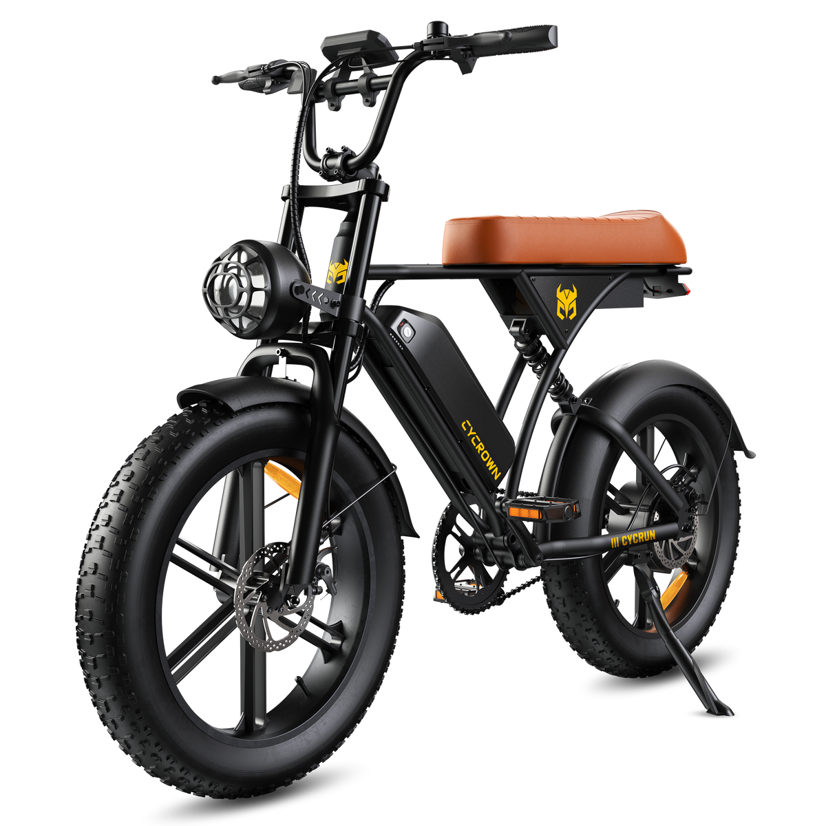 Front three-quarter view of the CycRun 2.0 with round headlight and fat tire