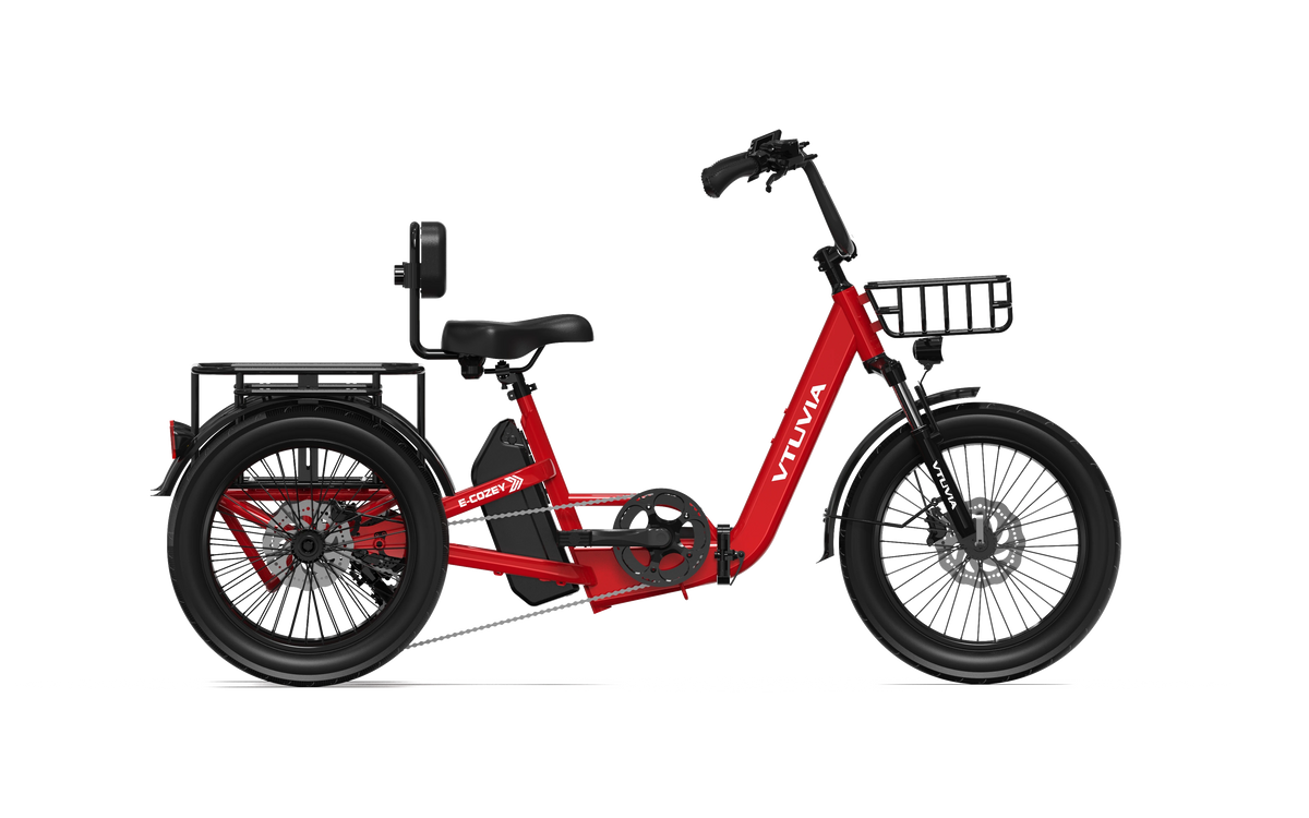 VTUVIA E-COZY electric trike in ruby red, side view