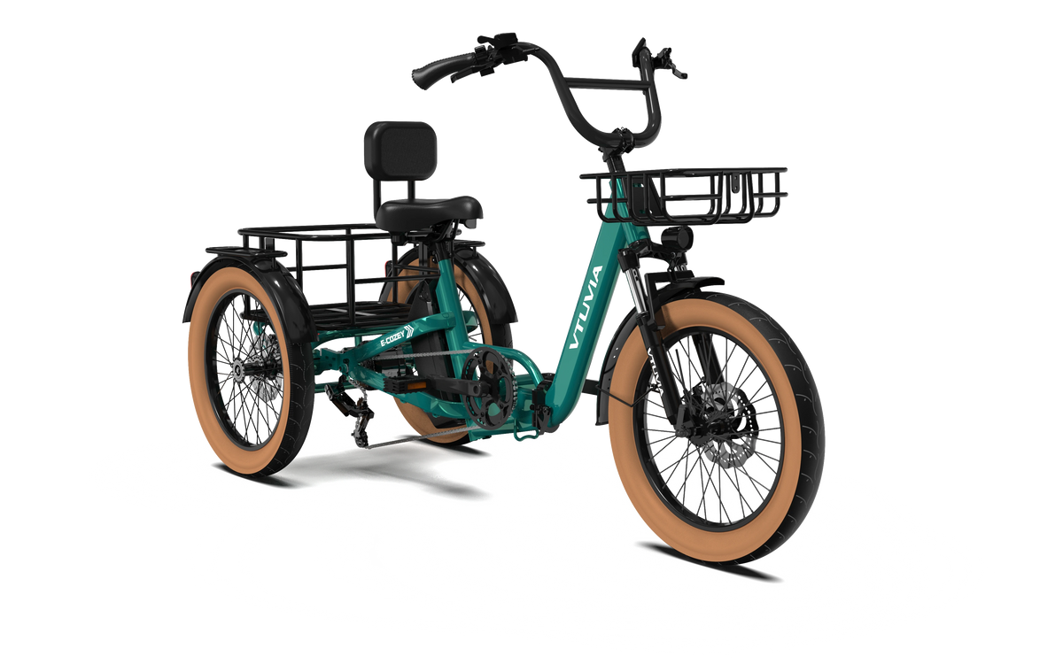 VTUVIA E-COZY electric trike in forest green, front three-quarter view
