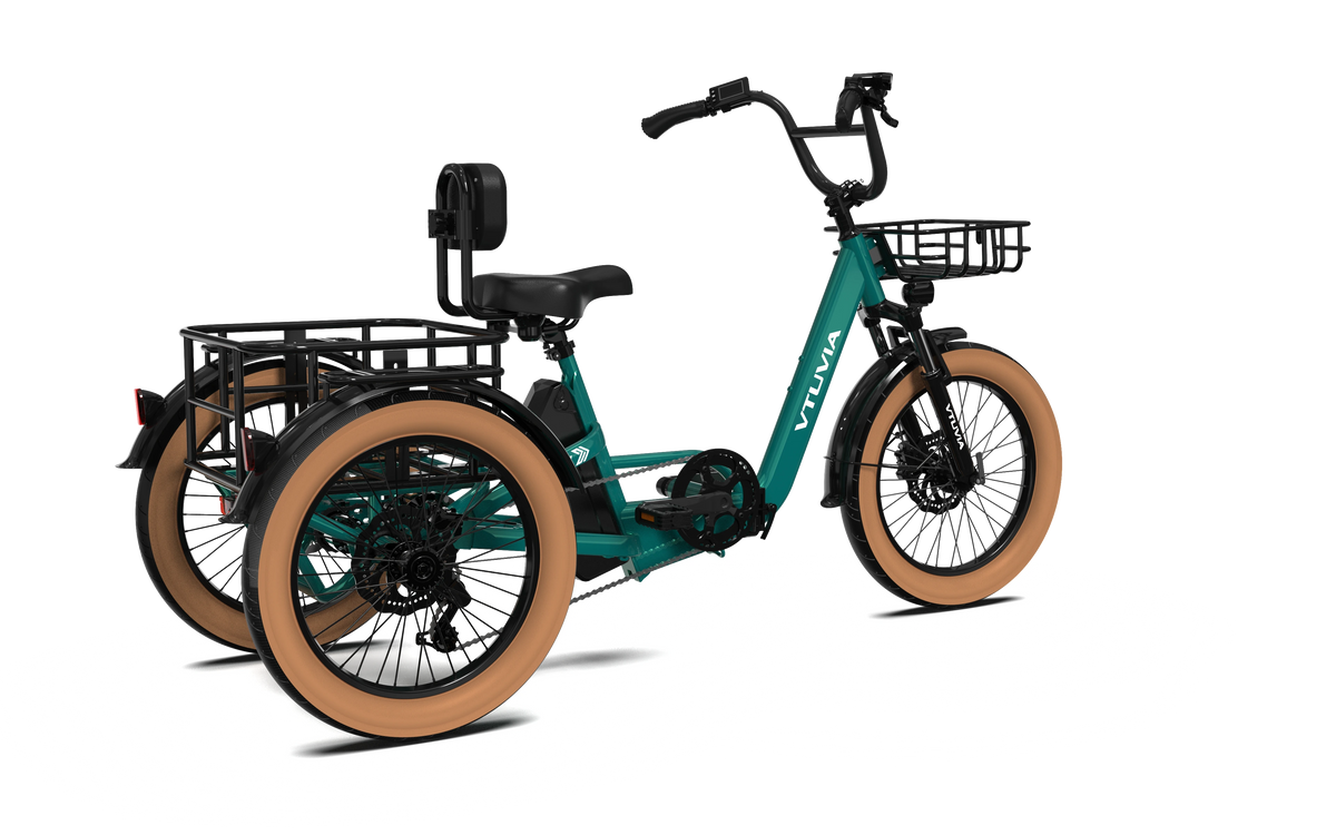 VTUVIA E-COZY electric trike in forest green, rear three-quarter view