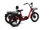 VTUVIA E-COZY electric trike in ruby red, rear three-quarter view
