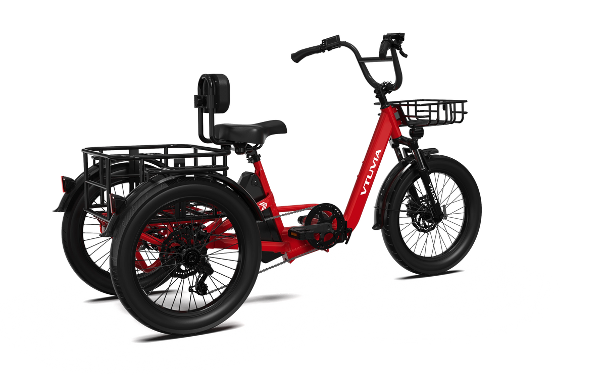 VTUVIA E-COZY electric trike in ruby red, rear three-quarter view