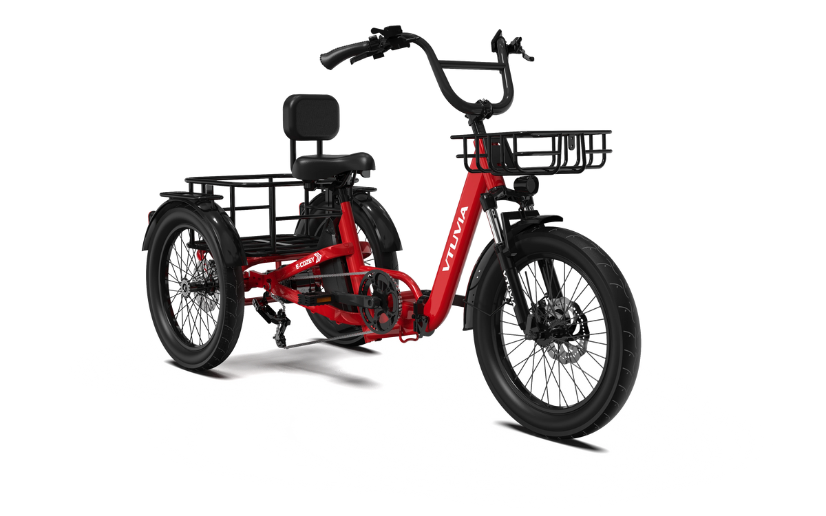 VTUVIA E-COZY electric trike in ruby red, front three-quarter view