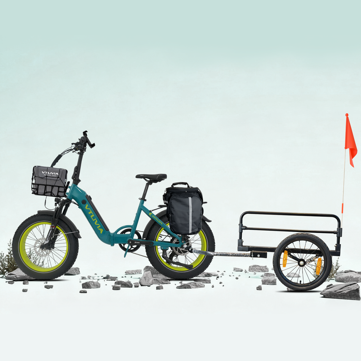 VTUVIA SX20 blue electric bike with rear trailer setup