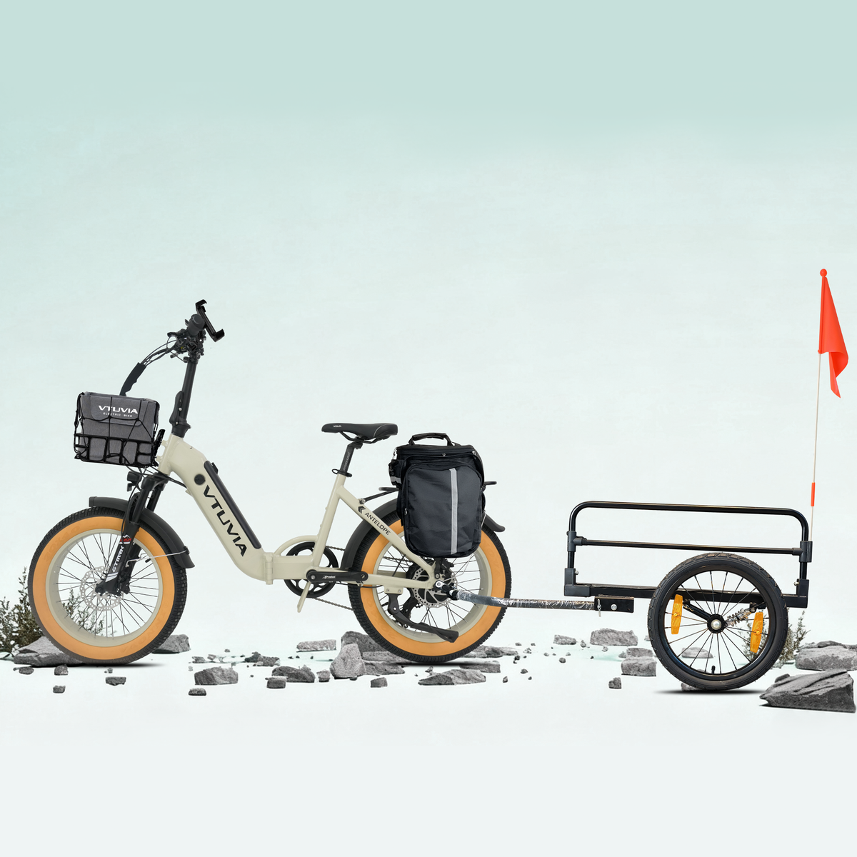 VTUVIA SX20 white bike with rear utility trailer
