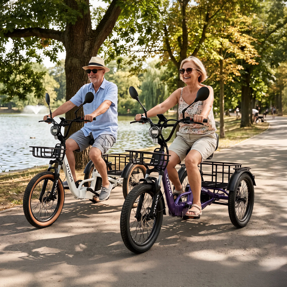 Two VTUVIA E-COZY riders on a park path