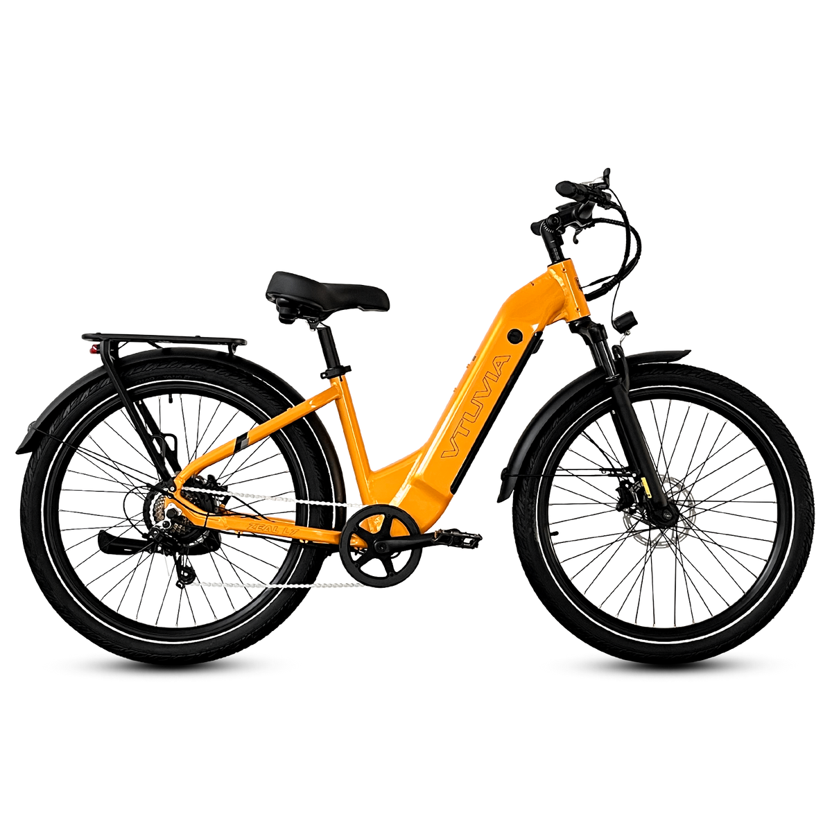 VTUVIA Zeal LT7 lemon yellow step-through e-bike side profile with rear rack and fenders