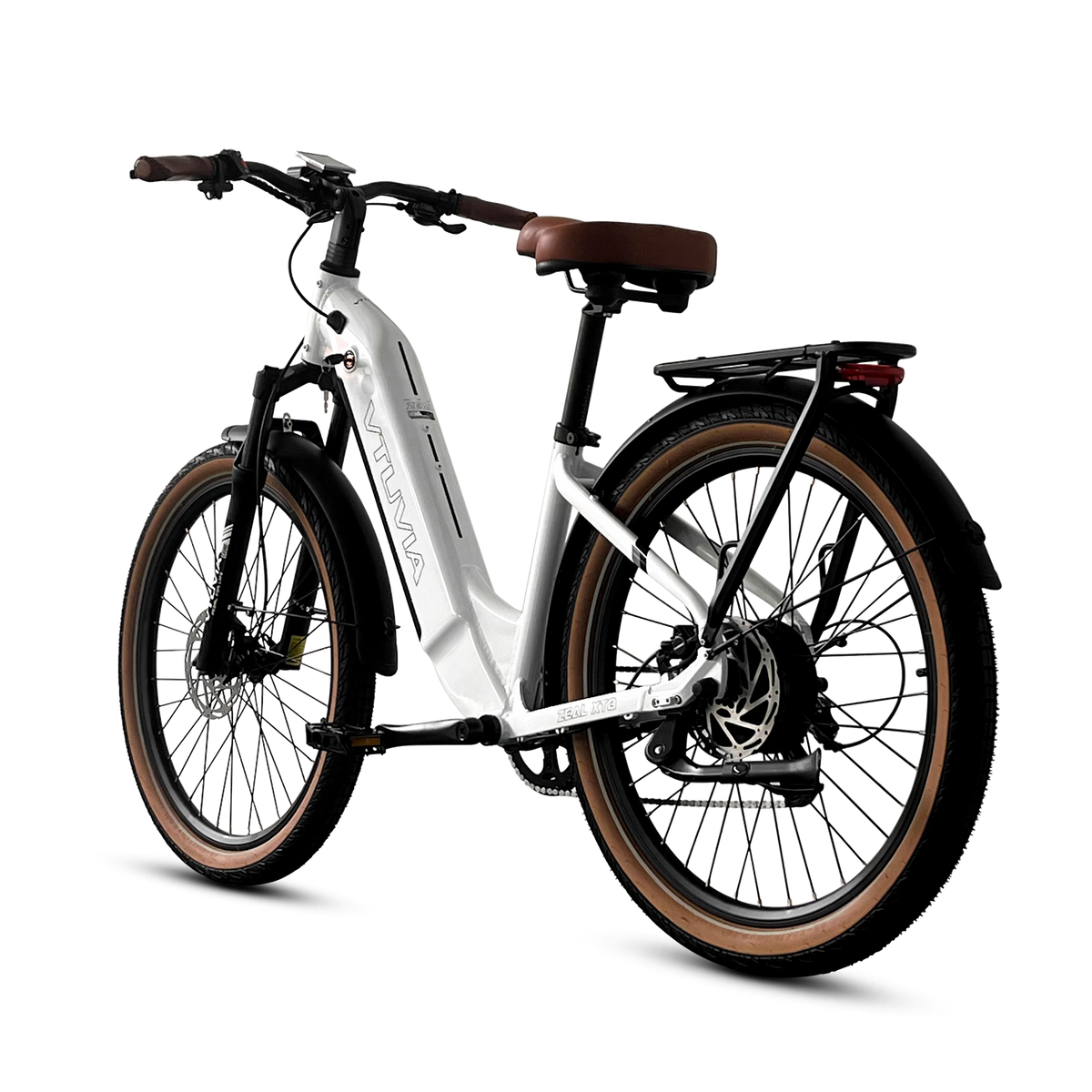 White VTUVIA Zeal XT8 torque-sensor commuter e-bike outdoor profile